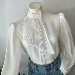Vintage Ivory Pleated High Collar Blouse